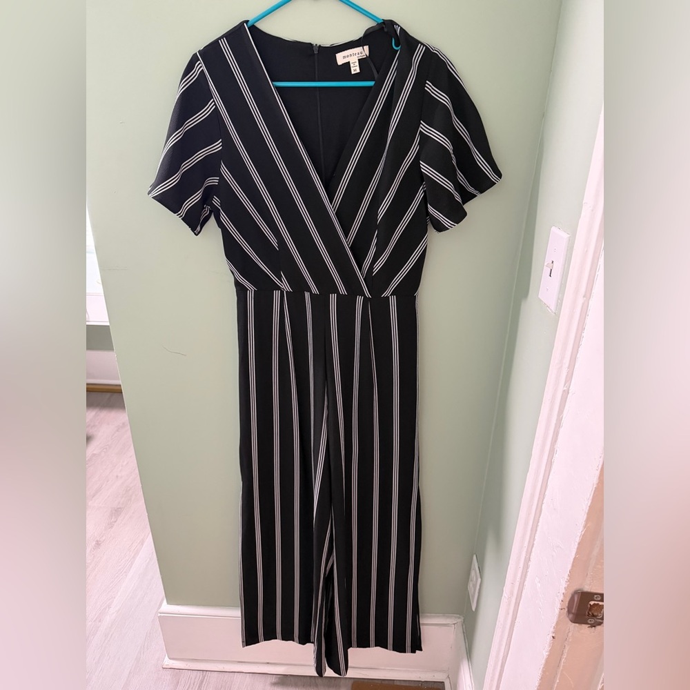 Monteau Black Jumpsuit with White Vertical Stripes